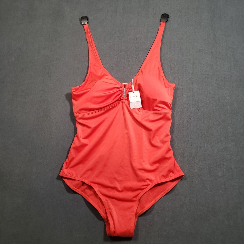 Serra One Piece Swimsuit Womens Size L Coral Orange Ruched V-Neck Adjustable‎
